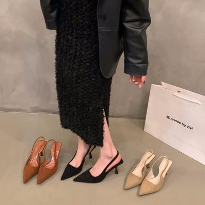 French Retro Brown Suede Bag Head Sandals Fairy Shoes 2024 New Spring and Summer Pointed High Heels Single Shoes