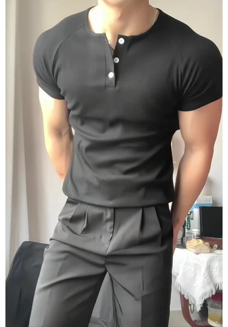 Men s Heather Grey Slim Fit Henley Shirt - Short Sleeve, Waist-Cinched, Summer Ice Silk, Muscle Fit, Fitness Base Layer. 3XL чёрный