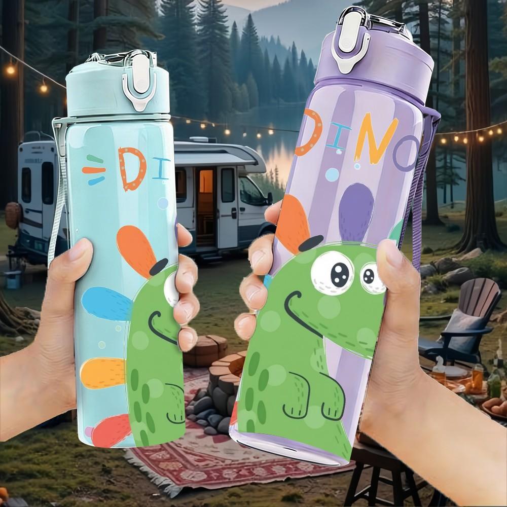 1PC Dinosaur Doodle Kids Cartoon Print 750ml Color Plastic Sports Water Bottle Leakproof Flip Straw Lid Suitable for Sports Office Home Use