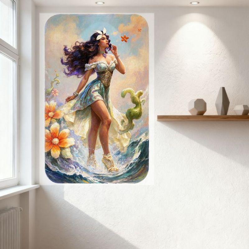 Sexy Purple - Haired Woman Off - Shoulder Dress Tin Sign Vintage Metal Wall Decor for Bar Pub Home Fantasy Ocean Waves Art Metal