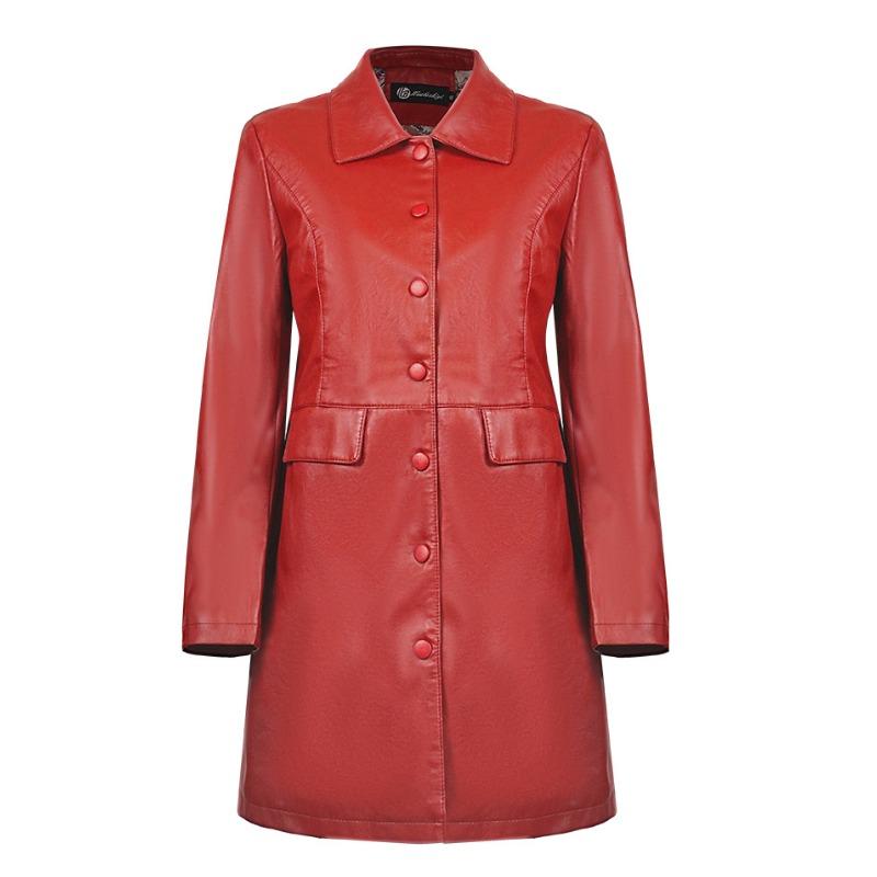 Autumn Winter Polo-neck Solid PU Leather Single Breasted Coat Women All-match Cardigan Jacket Top Outwear