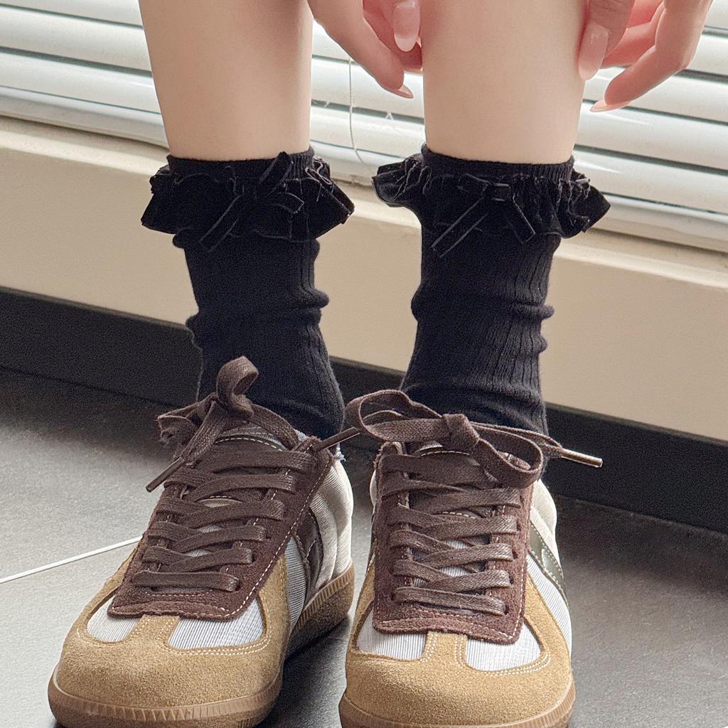 Autumn And Winter Retro Brown Socks Children'S Lace Bow Beige Calf Socks Soot Tube Socks Cotton Stacking Socks