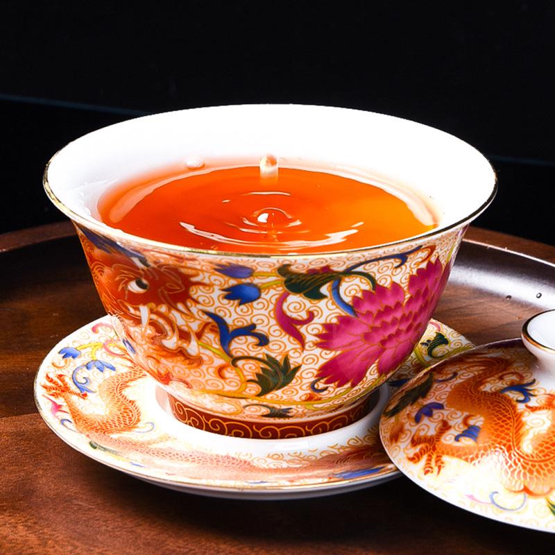 Enamel Court Style Engraved Gaiwan - Hand-Painted Ceramic Tea Cup Set