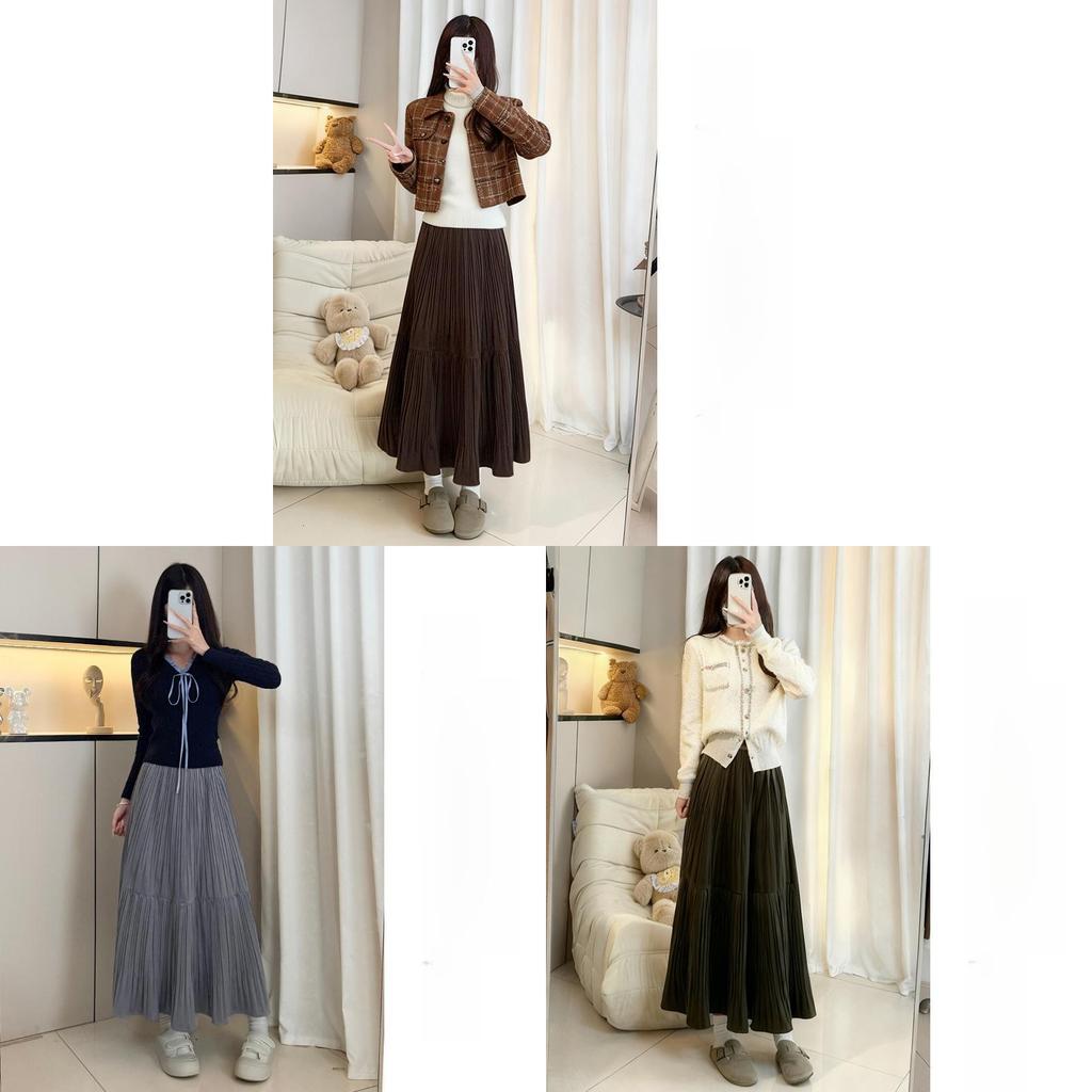 Golden Velvet Skirt With Pleated Design For Casual And Office Wear