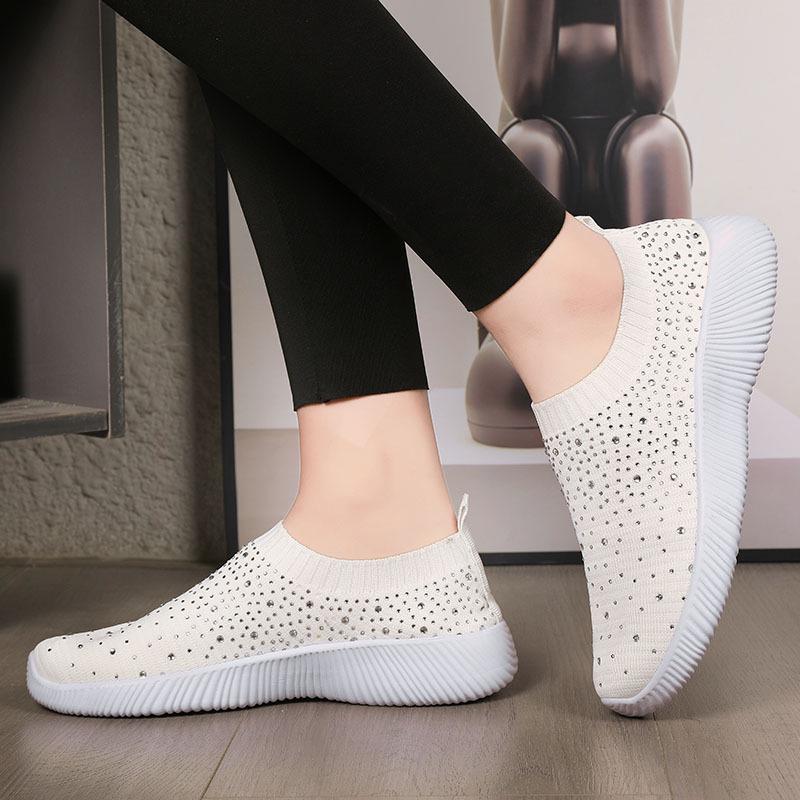 Plus Size Rhinestone Stretch Sock Women's Flyknit Casual Shoes - Lightweight & Breathable MD Sole