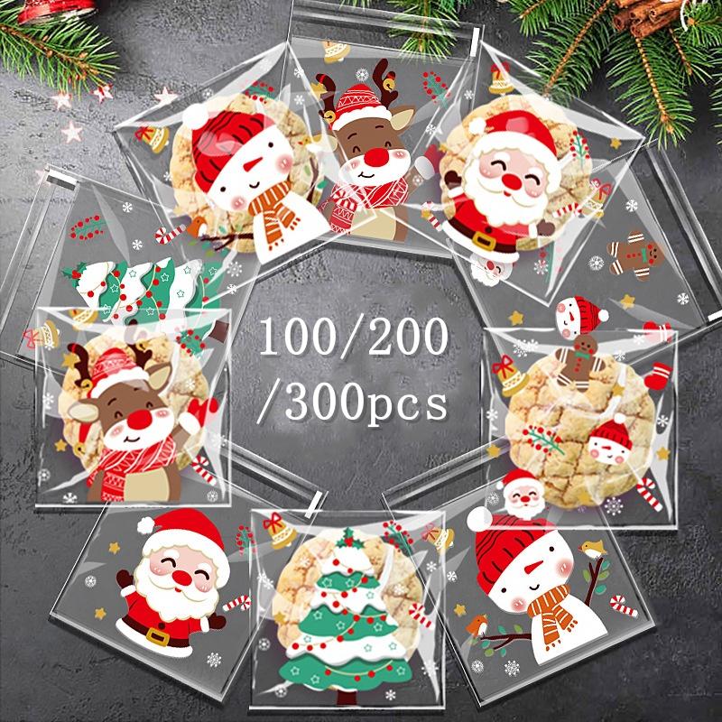 

100/200/300PCS Christmas Opp Cookie Candy Bag Santa Claus Pattern Self-Sealing Gift Packaging Bag for Xmas New Year Party Decor 100pcs
