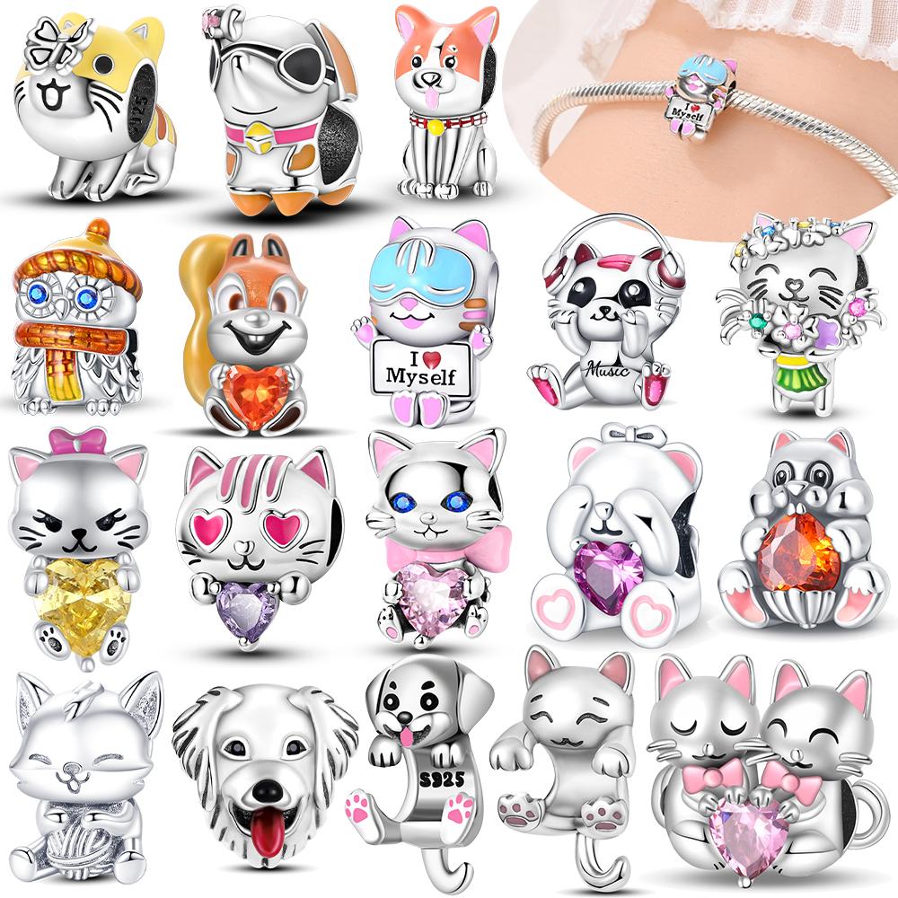 Original Copper Pink Zircon Cats Dogs Red Heart Squirrels Bead Fit Bracelet Women Jewelry Diy Children'S Day Gift