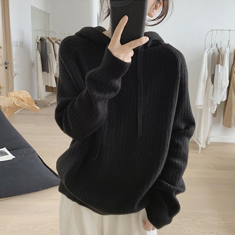 Hooded Pit Strip Pullover Sweater Women's Lazy Casual Soft Waxy and Thin Autumn and Winter New Loose Knitted Sweater