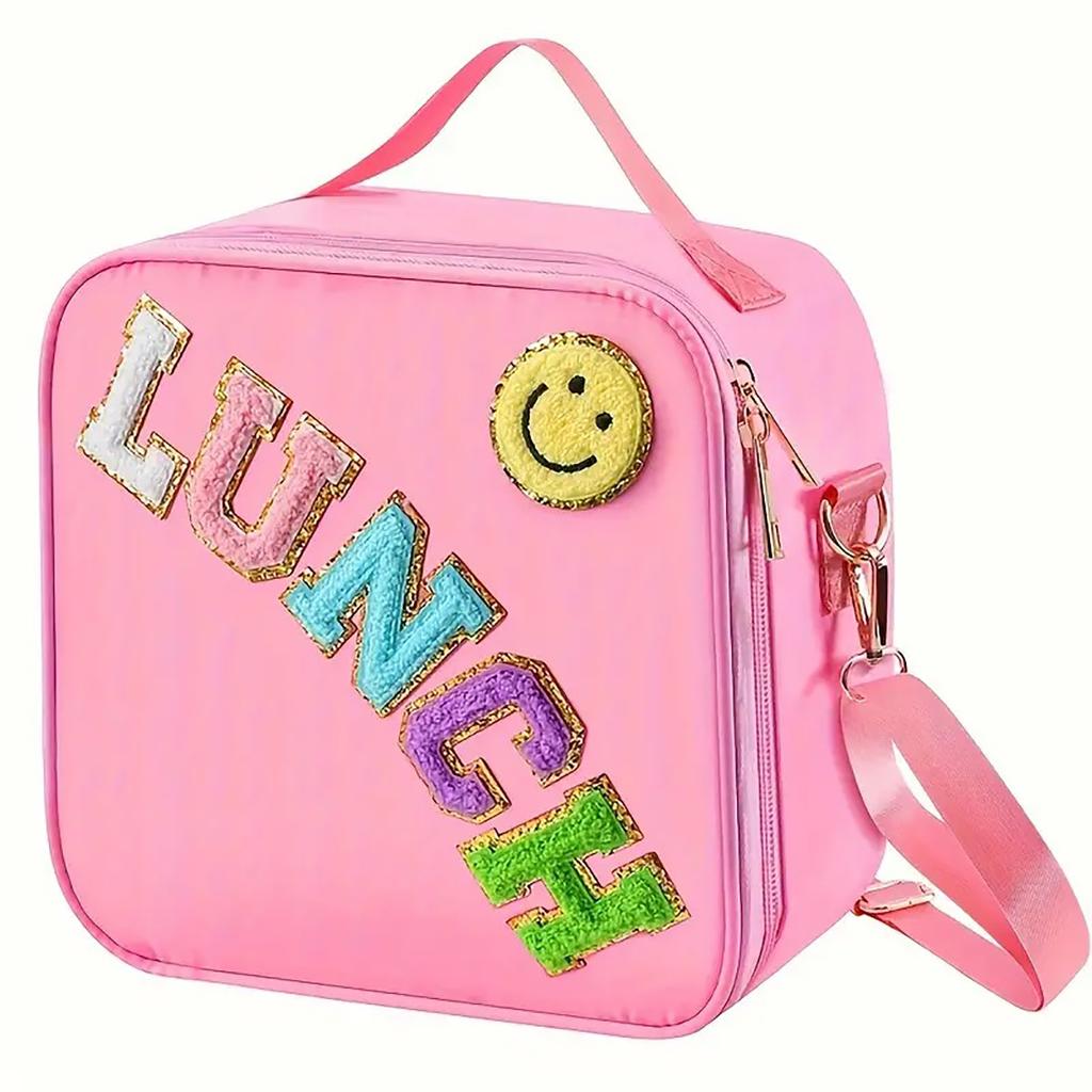 Adjustable Strap Insulated Lunch Bag, Nylon Lunch Box Insulated Bag, With Chenille Letter Patch Decor, For School Travel PicnicB