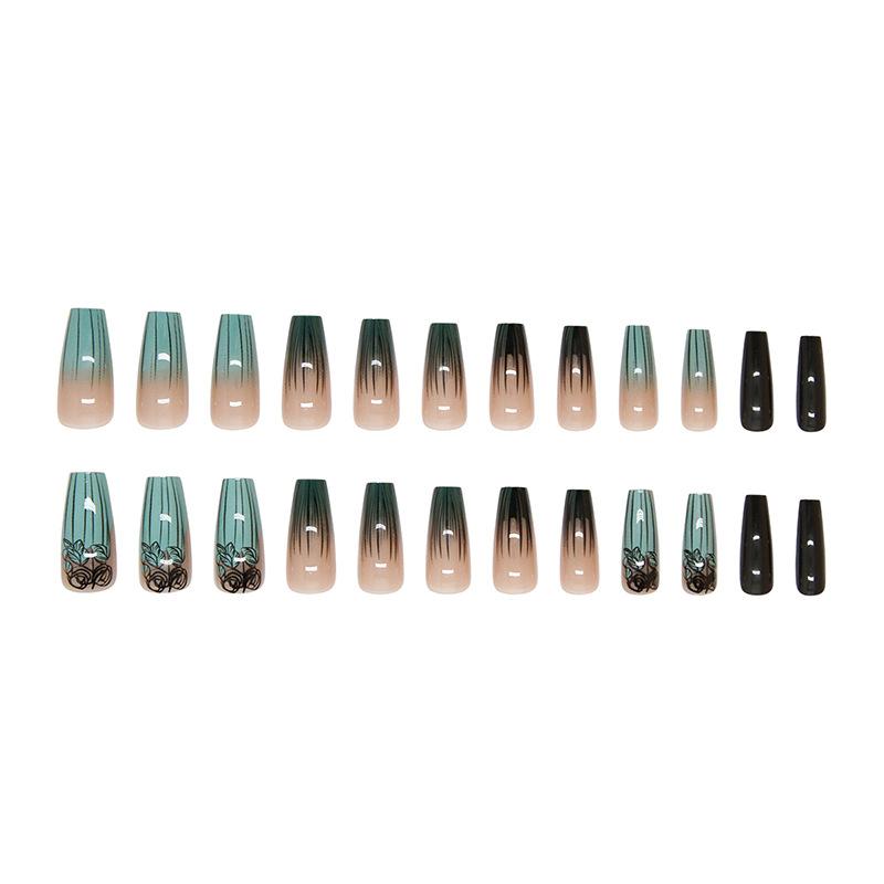 24 Pieces Nail Art Piece Wearing Nail Piece Dark Green National Style Removable Nail Art Piece Line Rose False Nail