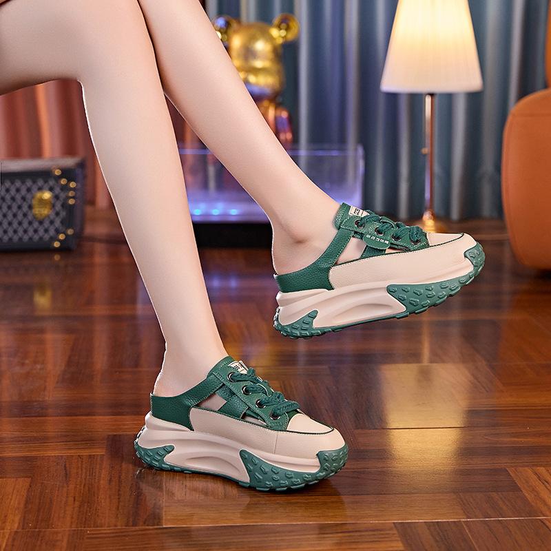 Baotou cool slippers women's outer wear 2025 summer new versatile thick-soled mesh hollowed out half-drag inner height-increasing casual shoes