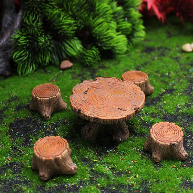 Amosfun Miniature Stump Table and Chair Miniature Model Chair Decorative Mini House Interior Garden Outdoor Resin Set, Figurine, Ornament,