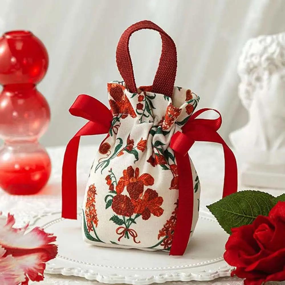 Sacs Cadeaux de Noël Toile Fleur Cordon de Serrage Sac d'Emballage Noël Mariage Bonbons Bijoux Emballage Sac Cadeaux Boîte à Sucre
