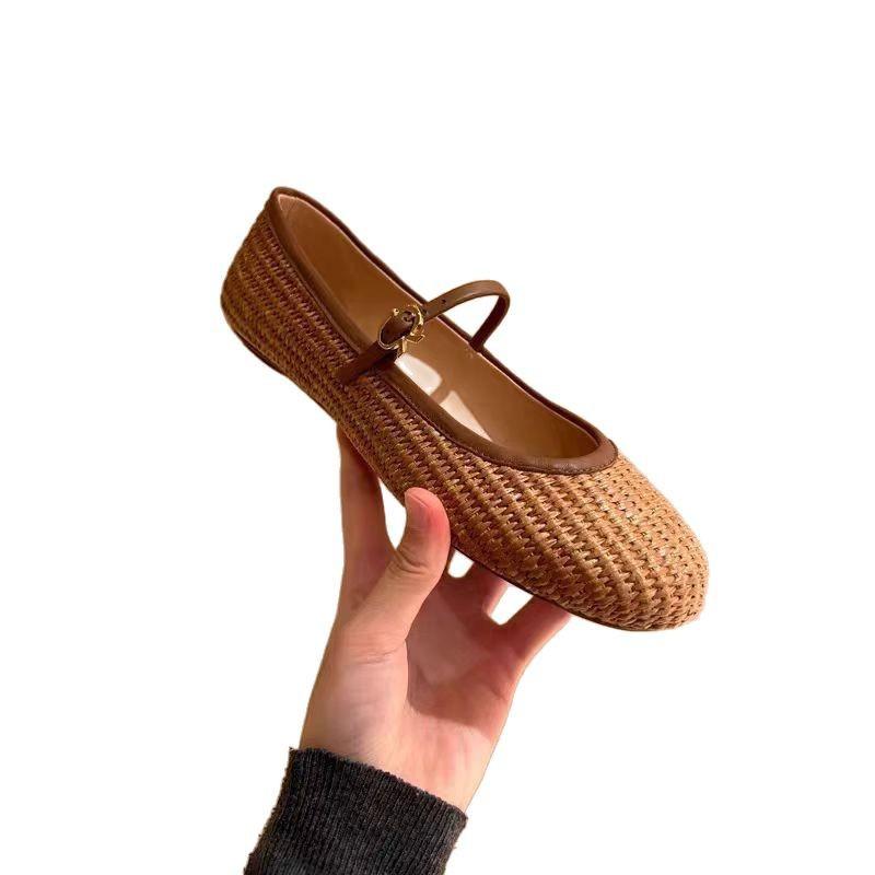 Fashion 2025 Spring and Summer New Women's Shoes Woven Hollow Design Sandals Square Toe Buckle Flat Shoes for Women