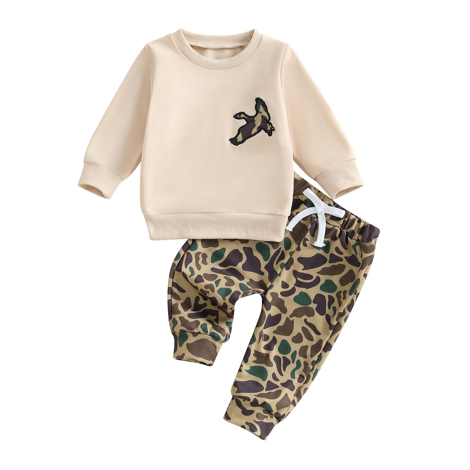 

Baby Boy 2Pcs Fall Outfit Long Sleeve Wild Goose Embroidery Sweatshirt Pants Set Warm Clothes 18-24M бежевий