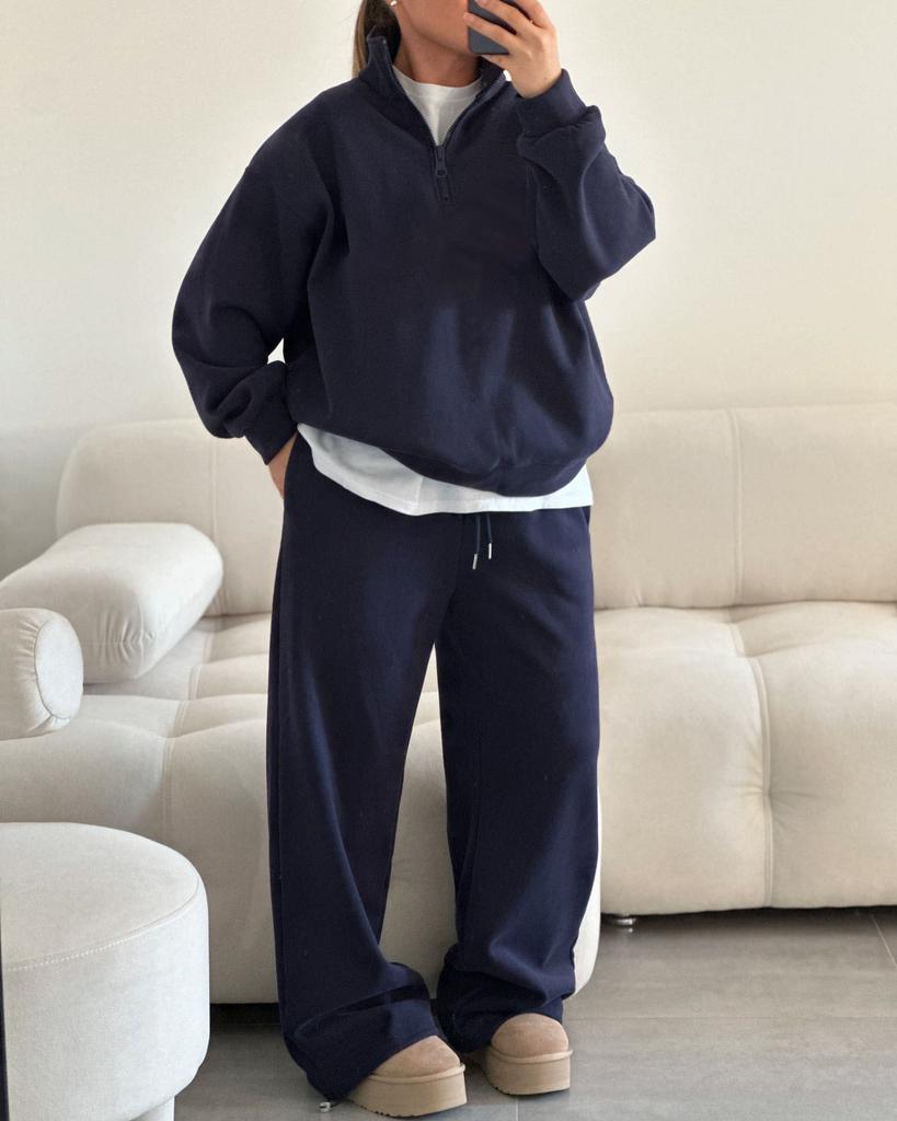 Pink Notch Collar Casual Sweatsuit Set with Loose Fit