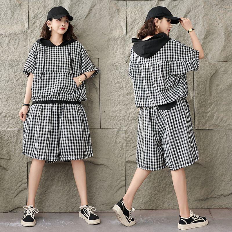 Summer Thin Cotton and Linen Plaid Short-sleeved Suit Plus Size Hooded Retro Top Five-point Pants Two-piece Suit