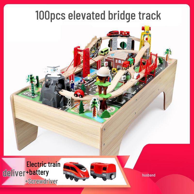100-Piece City Railway Electric Train Set with Elevated Wooden Tracks