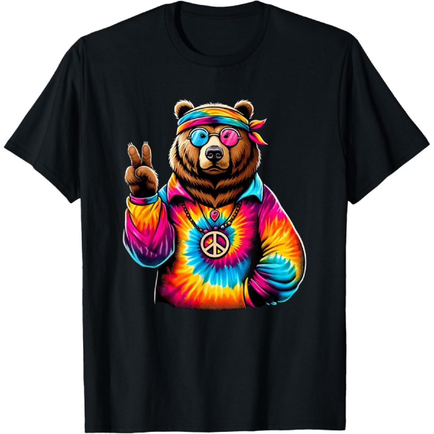 Футболка с тигровой окраской и изображением медведя гризли со знаком мира S