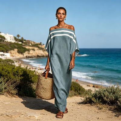 Rochie Maxi Femei Decolteu Bardot Bloc de Culoare Mânecă Liliac Tunica Rochie Lungă Vară Casual Vacanță pe Plajă Rochie de Soare