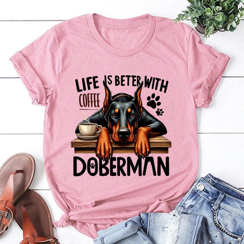 Hot Life Is Better With Coffee Doberman Graphic Short Sleeve T-Shirts For Men Women Shirts Loose T-Shirt Casual Summer T-Shirts