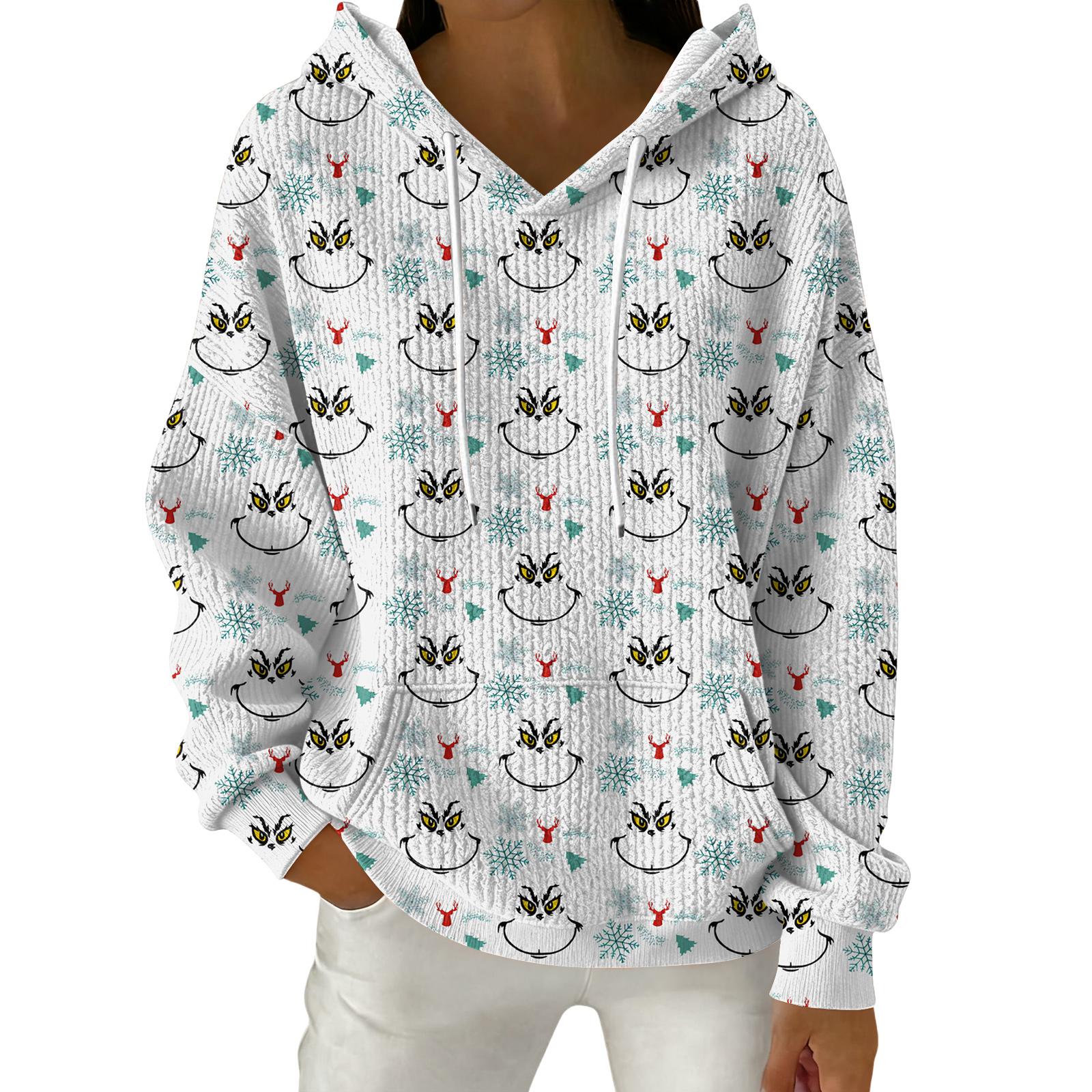 

Женский модный повседневный пуловер с рождественским принтом, толстовка с капюшоном и длинными рукавами XL белый