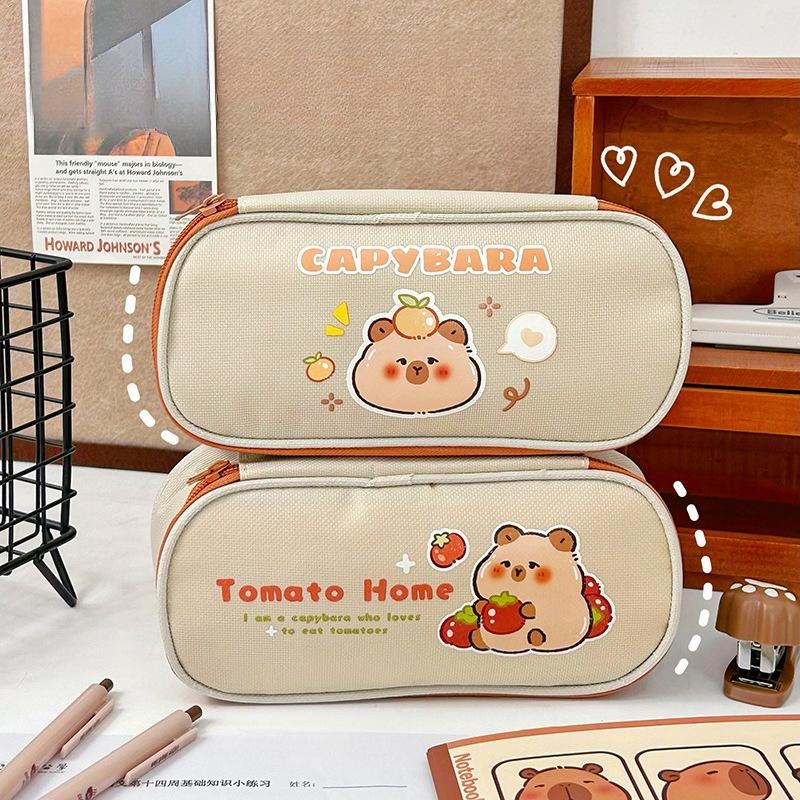 School Supplies Kapibara Canvas Pencil Case Cute Large Capacity Student Simple Pencil  Girl Heart Stationery Box Kawai Gift