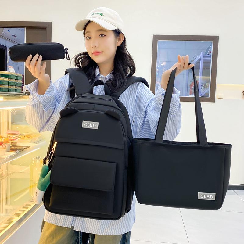 Three-Piece Backpack Set Solid Color Student Schoolbag Women Large Capacity Lightweight Computer Backpack
