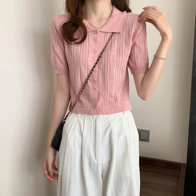 Knit Sweater Short Sleeve Tops Summer Thin Design Pink Hollow High Waist Short Paragraph Casual Essential Comfort and Style Slim Fit Pullovers Tees
