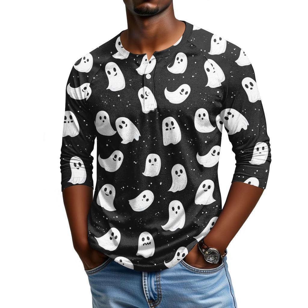 Men's Casual Halloween Print Henley Shirt Three Quarter Sleeve Raglan Top Lightweight Breathable Fabric Comfortable Fit