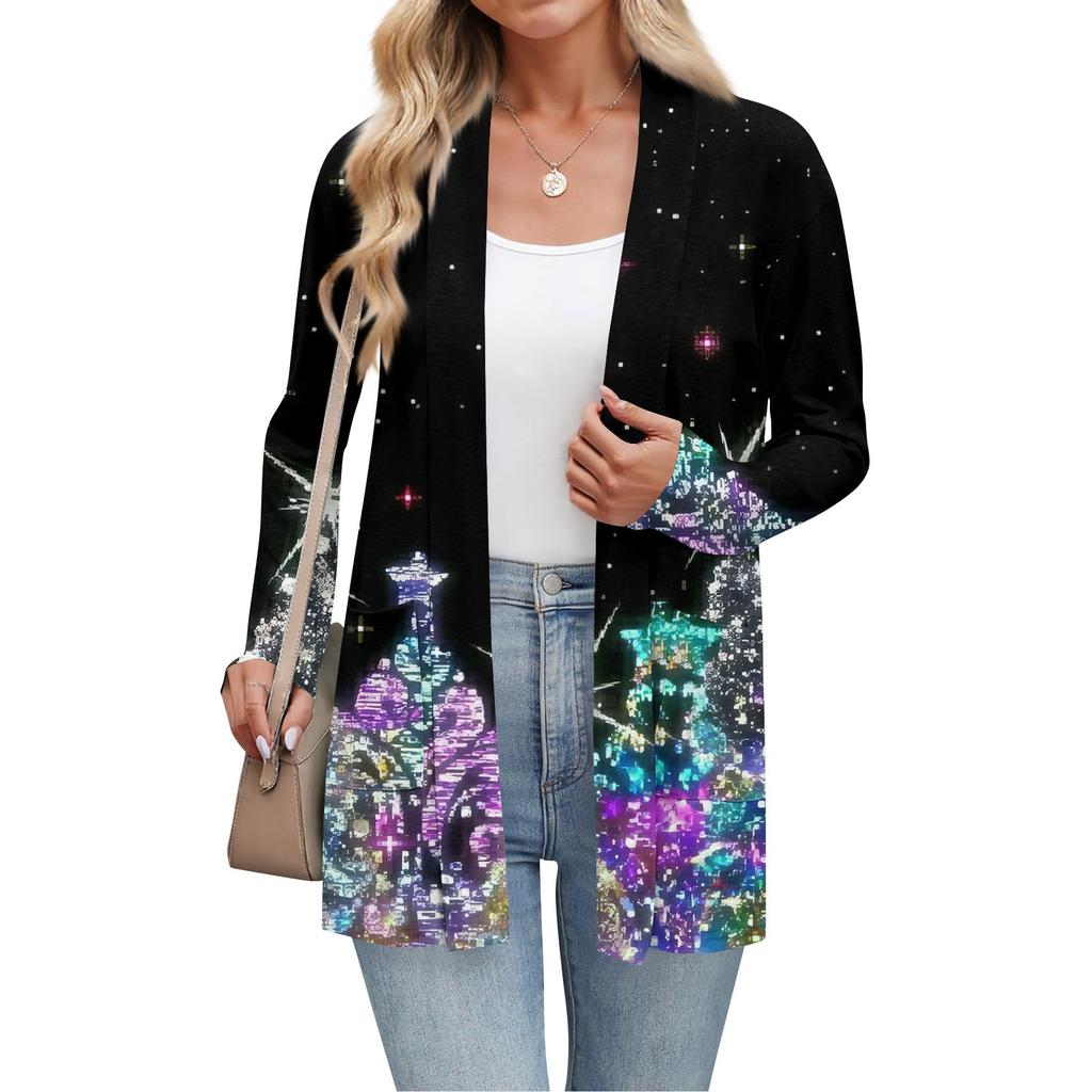 Cardigan léger imprimé de Noël pour femmes, manches longues, décontracté, ample, coupe fine, avec poches, veste cardigan