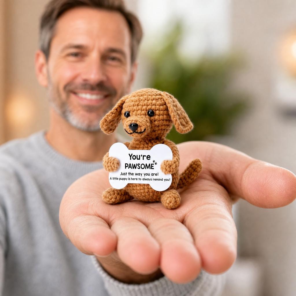 Handgehäkelte Hundefigur mit Knochenförmigem Schild Kleine Haustierdekoration Geschenk für Hundeliebhaber Einzigartiges Sammlerstück