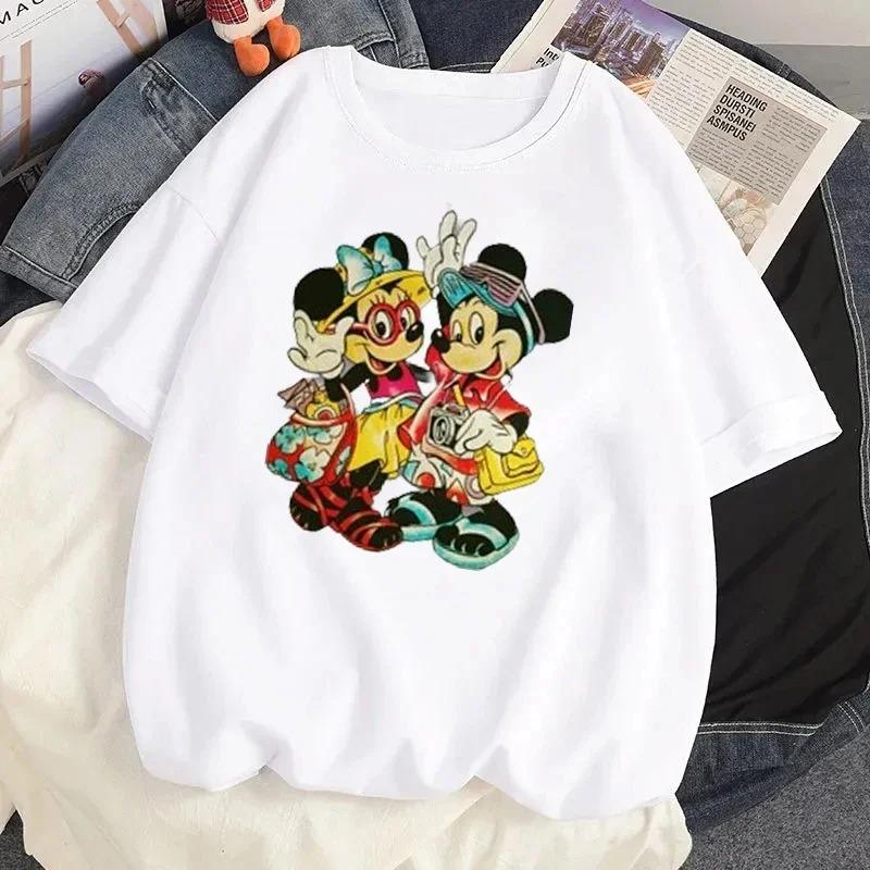 Disney Mickey Minnie Print Tshirt Summer Funny Women ONeck Tshirts Fashion Short Sleeves T Shirt Female Casual Streetwear Tees