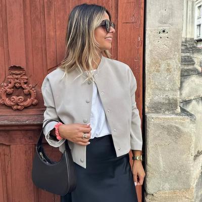 Chaqueta Bomber para Mujer Blanca Otoño Invierno Chaquetas Cortas para Mujer Manga Larga con Botones Ropa Exterior Vintage para Dama