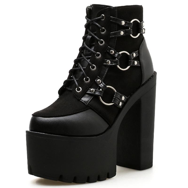 Fashion Women's Punk Nightclub High Heeled Boots Super High Heel 15CM Thick Platform Ankle Bootie Buckles Lace Up Women Boots Size42