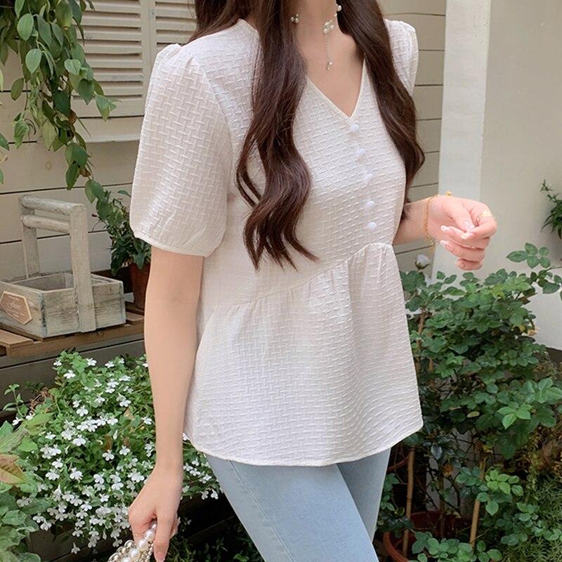 Korean Fashion Summer V Neck Blouse Women 2023 Sweet Short Sleeve Tops Elegant White Pleated Casual Loose Ruffles Shirts 26954