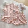 Sexy Nightwear Women Sweet Korean Pink Short-Sleeved Shorts Sleepwear Homewear Set Cardigan Lapel Lace Edge Ladies Pajamas
