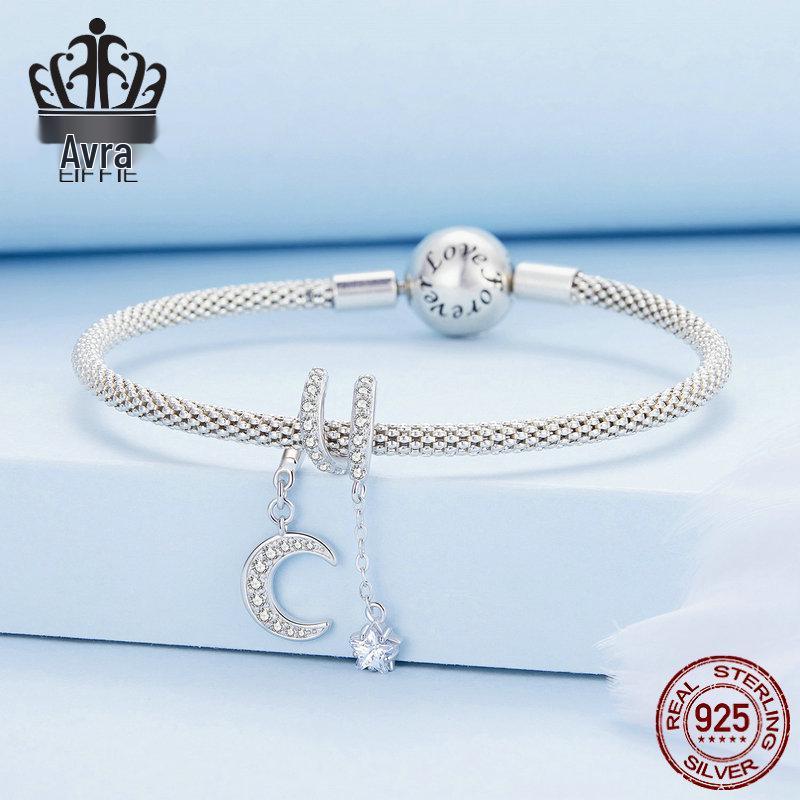 Avle S925 Sterling Silver Moonlight Bracelet with Platinum-Plated Star and Moon Beads