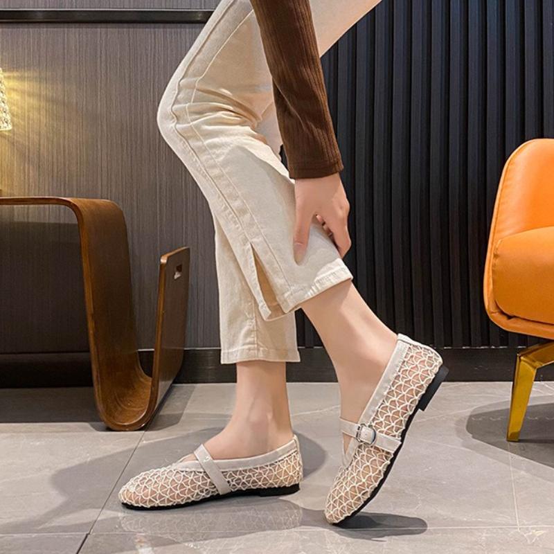 Summer Women's Mesh Flat Shoes Fashion Metal Buckle Mary Jane Shoes Comfortable Soft Bottom Non-slip Casual Shoe Designer Brands