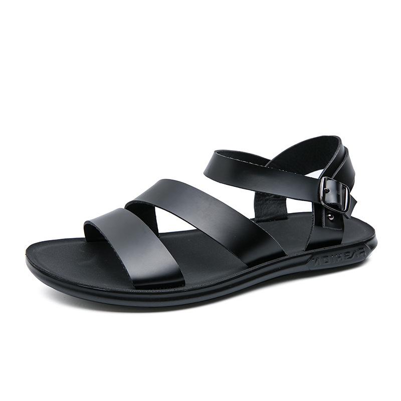 Trendy Korean Style Men s Roman Leather Sandals - Summer Casual Beach Flip-Flops 44 чёрный