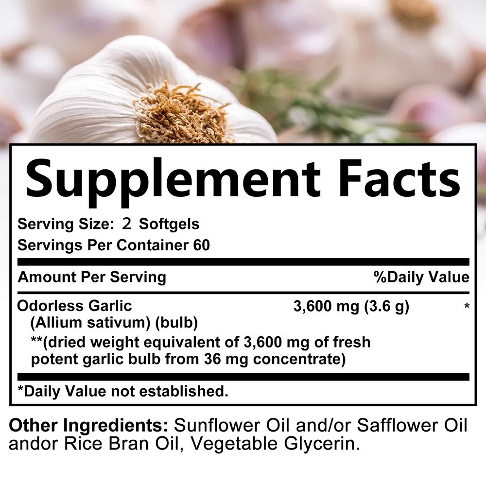 Capsule Molli All'Aglio Senza Odore 3600mg Equivalenti Per Porzione, 120 Capsule Molli Senza OGM Senza Glutine Integratore Alimentare