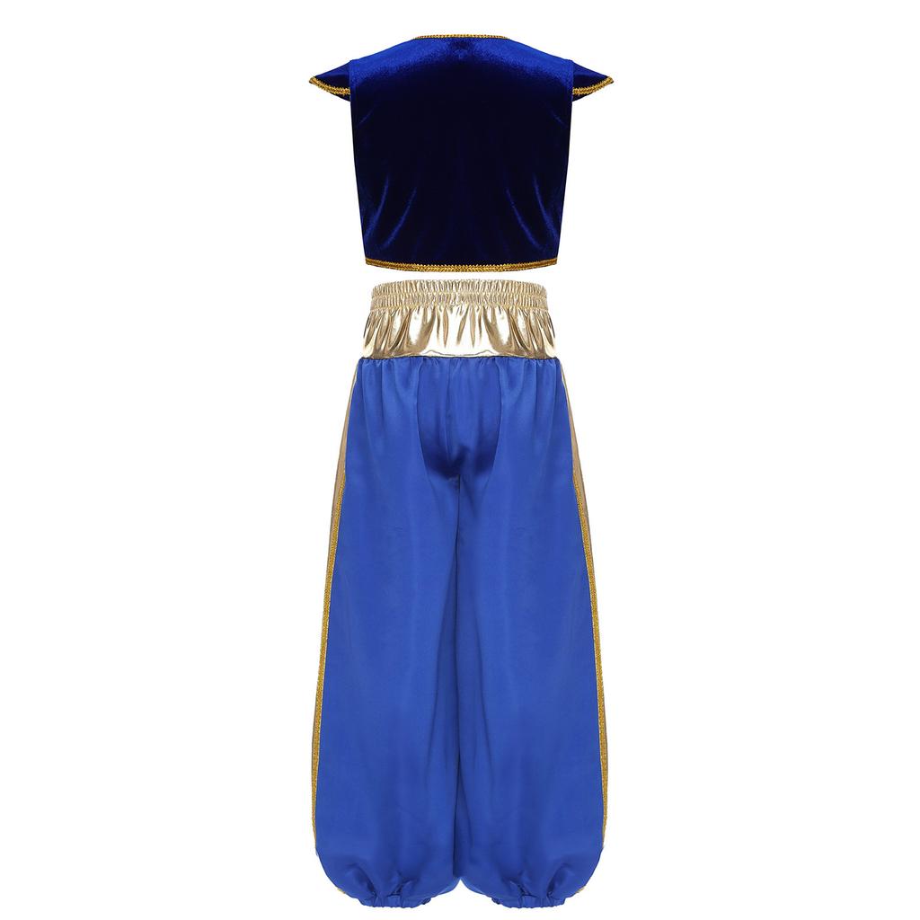 Set Costume da Principe Arabo per Ragazzo Manica a Cappuccio Gilet Intrecciato Patchwork Metallico Lucido Pantaloni a Palloncino Color Contrasto