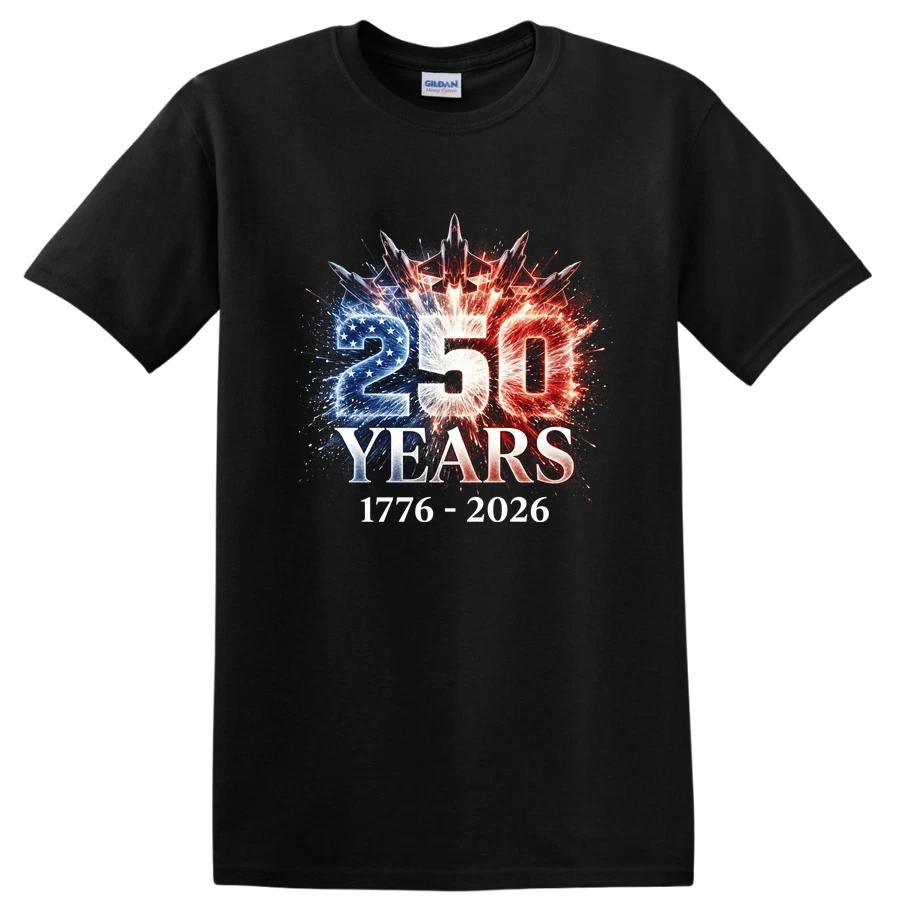 250 Anniversary T Shirt USA Celebration w/ Fireworks and Jets Tee 1776-2026
