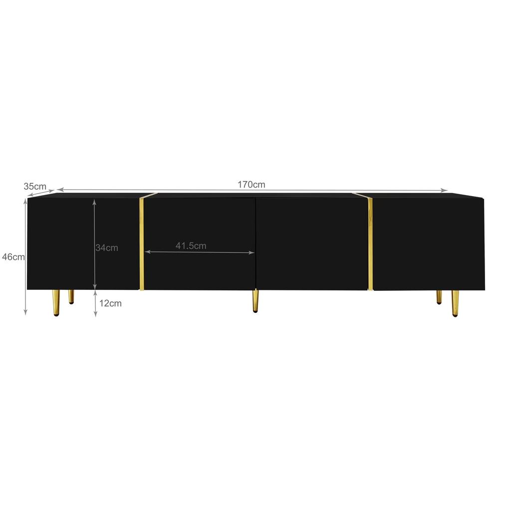 Black High-gloss TV Cabinet with 4 Doors, Modern and Simple, In Black-gold Color Combination