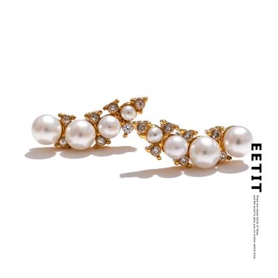 Korean Style Chic Imitation Pearls Cubic Zirconia Stud Earrings Fashion Stainless Steel Exquisite Versatile Daily Jewelry