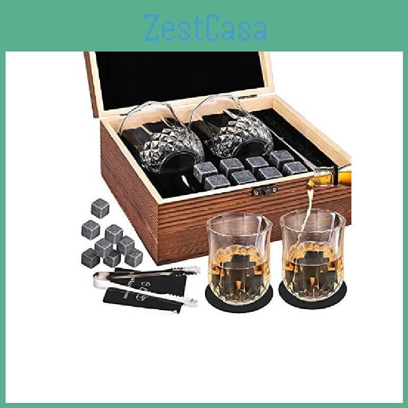 Luxurious Brown Granite Whisky Glasses Set With Whiskey Stones And Wooden Box