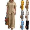 Women's Casual Two Piece Set Linen Fabric Asymmetric Button Detail Top Wide Leg Pants Relaxed Fit Lightweight Summer Outfit