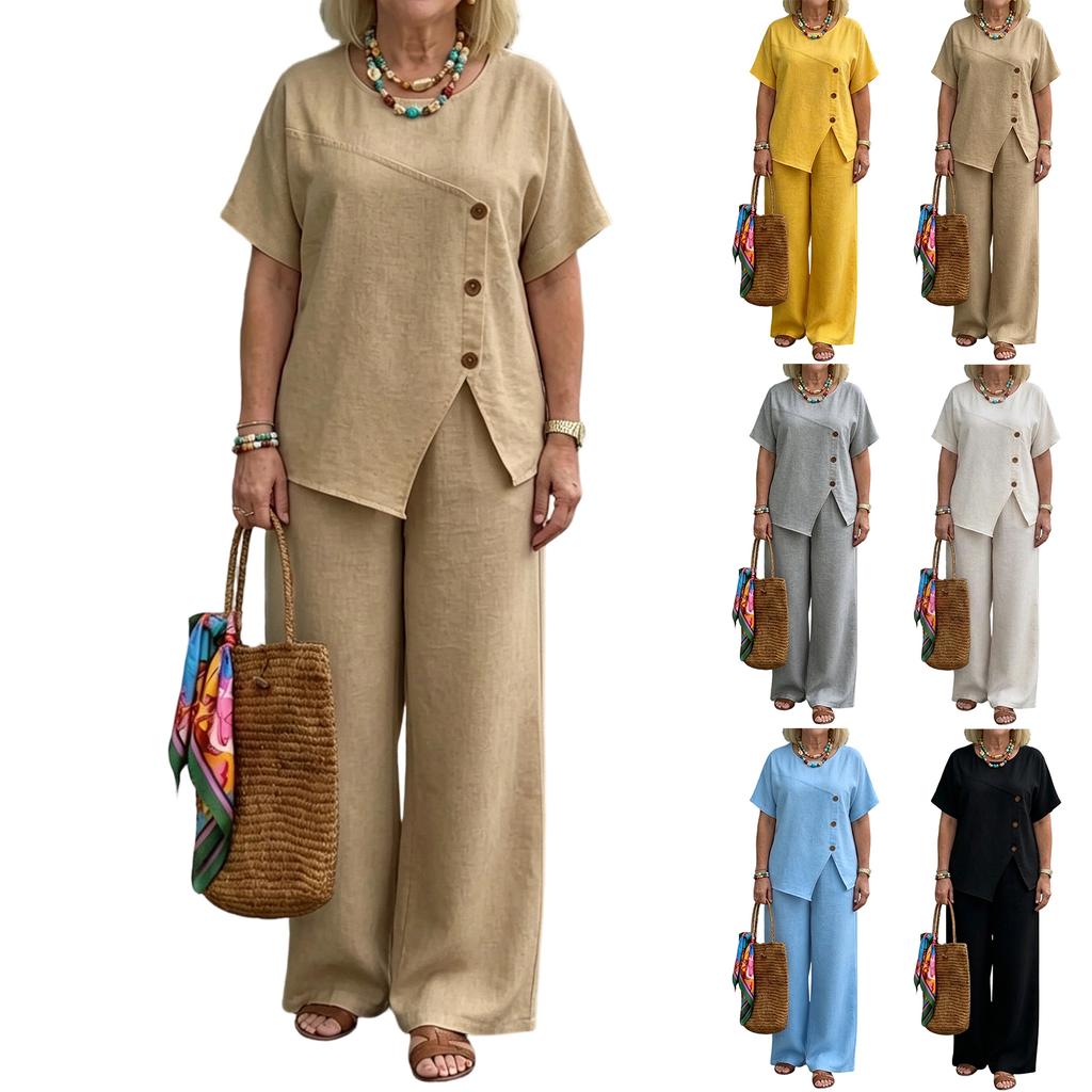 Women's Casual Two Piece Set Linen Fabric Asymmetric Button Detail Top Wide Leg Pants Relaxed Fit Lightweight Summer Outfit