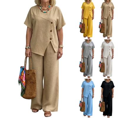 Completo casual da donna in lino a due pezzi Top con dettaglio bottoni asimmetrici Pantaloni a gamba larga Vestibilità rilassata Leggero Outfit estivo