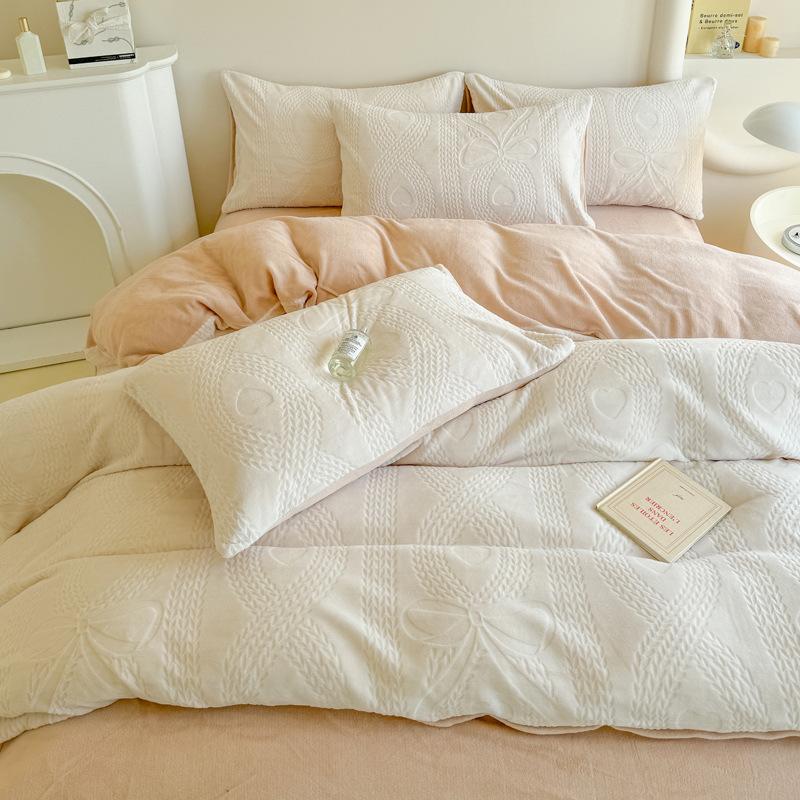 Milk Fleece Four-piece Set, Thickened Carved Fleece, Bed Sheet Quilt Cover, Bed Three-piece Set